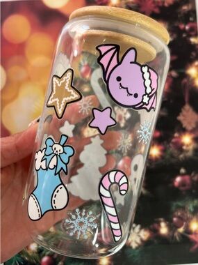 Kawaii Spooky Christmas Glass Cup 13oz Bamboo Lid Cute Goth Iced Coffee Tumbler